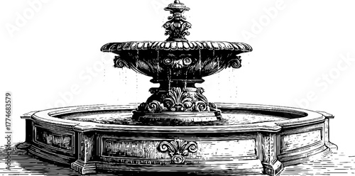 Vintage engraving of antique stone fountain with water basin for classical design