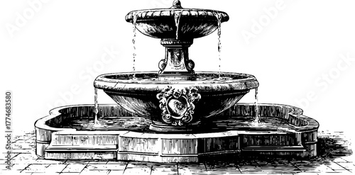 Vintage engraving of antique stone fountain with flowing water for retro design