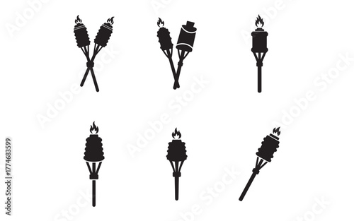 Silhouetted Tiki Torches on a White Background for Summer Celebrations and Tropical Events Long Burning Flames