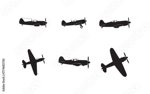 Silhouettes of Classic World War II Airplanes on White Background Vintage Aircraft Aviation History Military Planes Designs