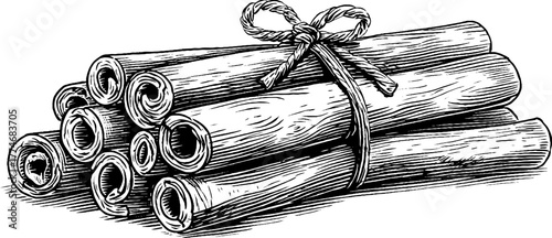 Vintage engraving of cinnamon sticks tied with string for design and decor