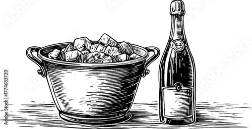 Vintage champagne celebration scene with ice bucket and bottle for design projects