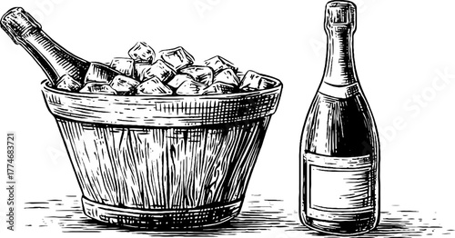 Champagne bucket ice bottle vintage sketch hand drawn engraving illustration. Classic festive drink symbol with elegant retro style.
