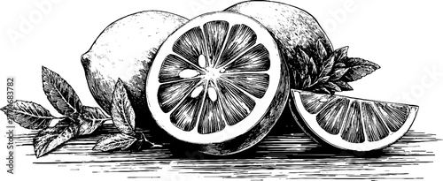 Elegant vintage composition of citrus fruits and herbs for retro design