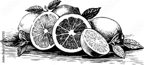 Vintage citrus fruits and herbs composition for retro design