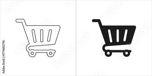 Two icons representing a shopping cart, one outlined and one filled