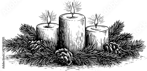 Holiday candle display with pine branches and cones for festive decoration