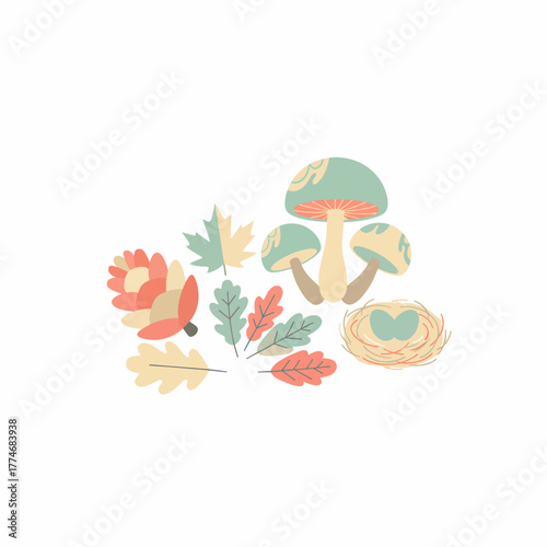 Muted Pastel Forest Elements Collection with Spring Nest