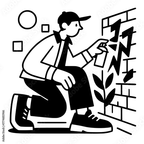 Artist creating graffiti art on a brick wall with spray paint