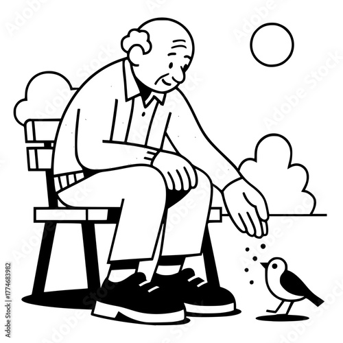 Elderly man feeding a bird in a park, black and white illustration