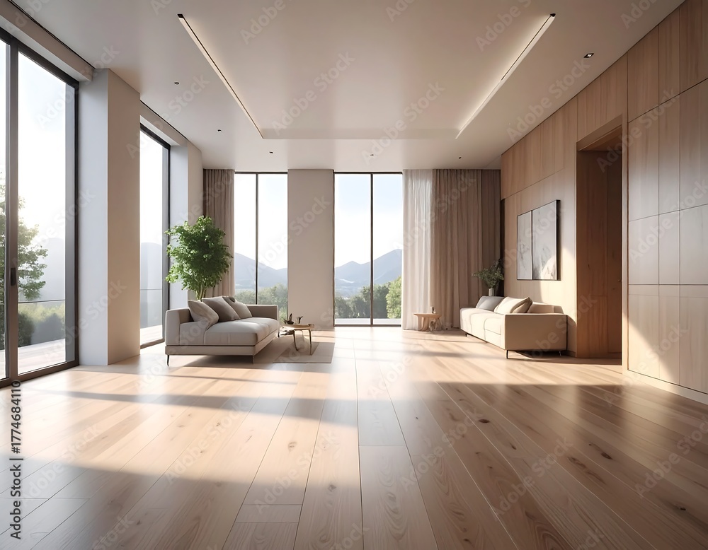 Fototapeta premium Airy living room with natural light, wooden floors, two sofas, and outdoor view