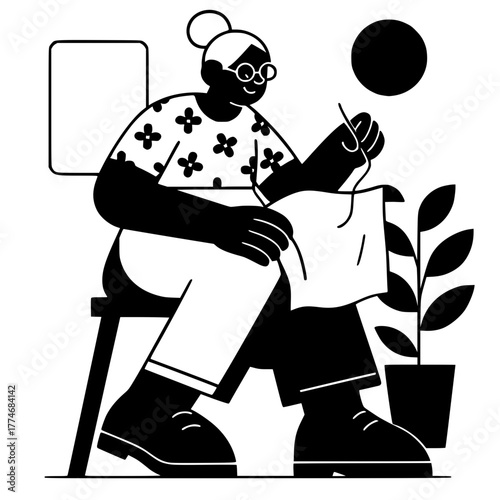 Elderly woman sewing with needle and thread, vector illustration