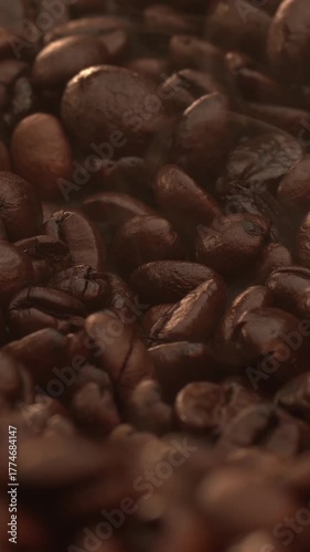 Freshly roasted coffee beans reveal rich flavors and aromas in a close-up view of the roasting process
