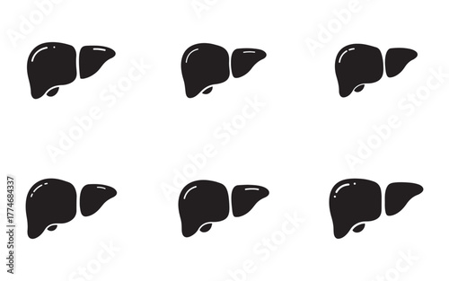 Six Liver Icons in a Row Representing Hepatic Anatomy and Medical Illustrations on White Background