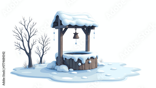 Icy village well covered with snow surrounded by bare trees under clear sky, tranquil winter mood concept