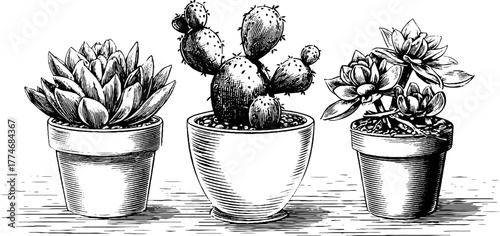 Vintage engraving of potted cactus and succulent plants for retro design projects
