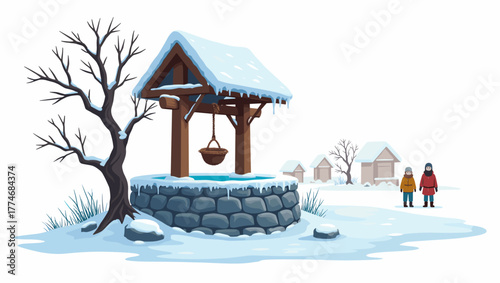 Icy village well with two people walking on frozen ground near wooden houses, winter landscape concept