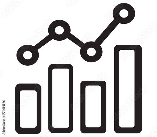 Clean line art icon representing a bar chart with a trend line and data points. Vector illustration.