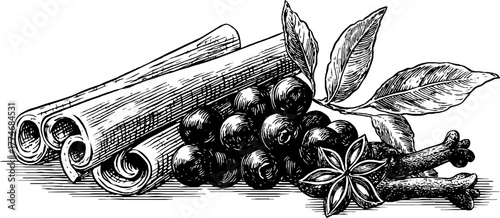 Vintage spice composition featuring cinnamon, peppercorns, and star anise for retro culinary design