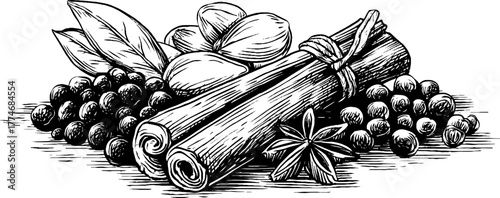 Vintage spice composition with cinnamon and peppercorns for culinary design