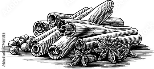 Vintage hand-drawn engraving of spice composition with cinnamon and peppercorns for culinary design