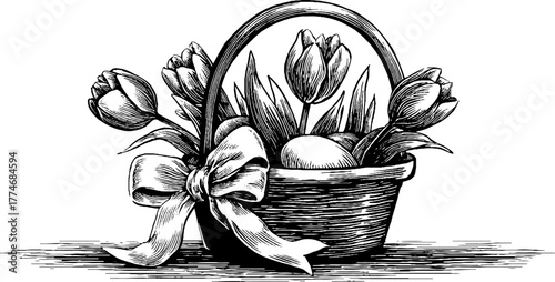 Vintage engraved spring basket with tulips and easter eggs for seasonal decor