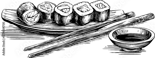 Vintage sushi platter with chopsticks and soy sauce - retro japanese cuisine design