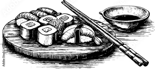 Engraved sushi platter with chopsticks and soy sauce for culinary design