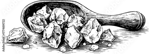Vintage engraving of sugar crystals with wooden scoop for retro design and decoration