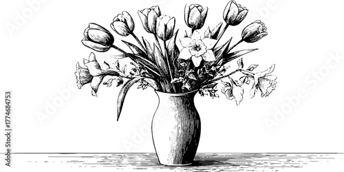 Elegant floral composition of tulips and daffodils in vase for vintage design