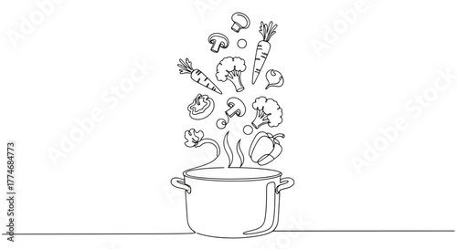 Vector illustration of continuous line drawing of vegetables falling into a cooking pot