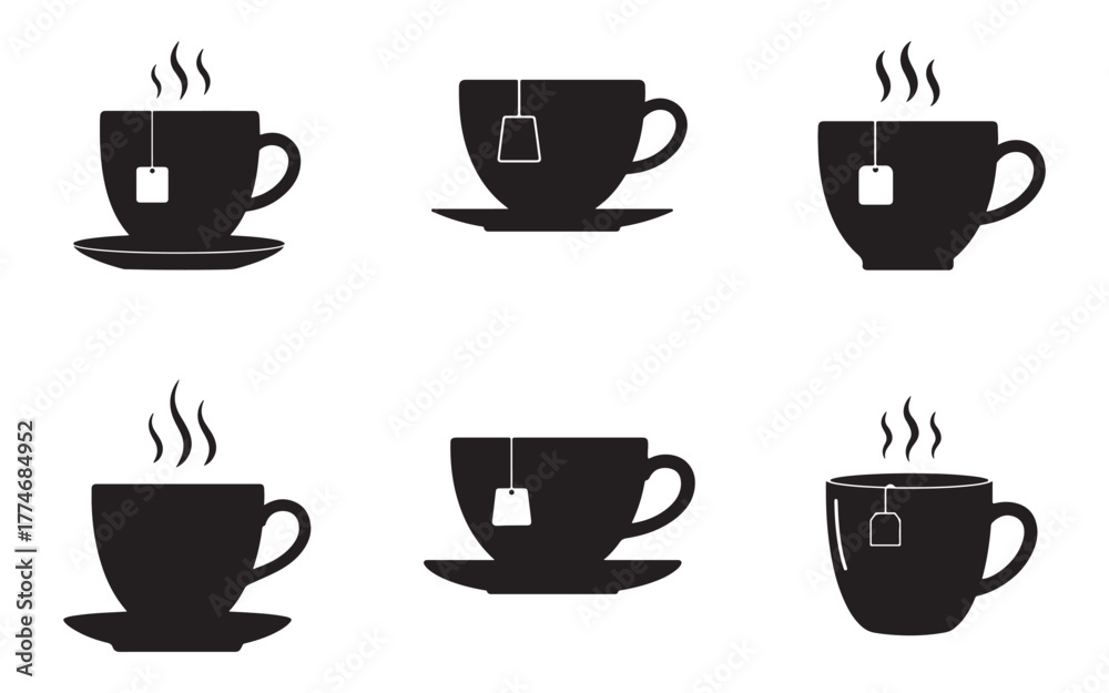 Obraz premium Tea Time Black and White Silhouette Vector Graphic with Cups and Steam Delicious Beverage