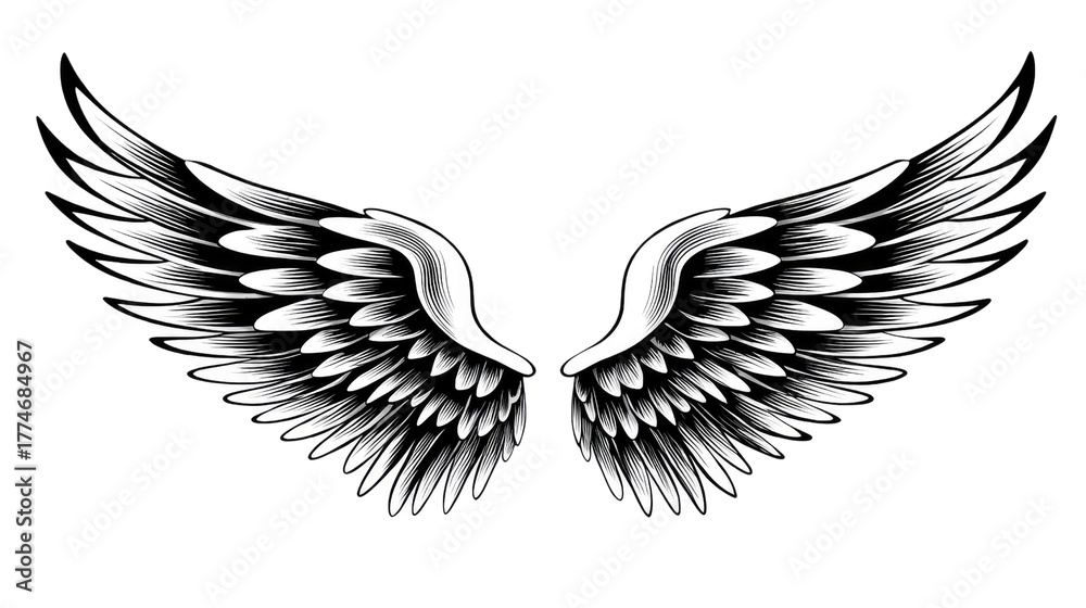 Obraz premium Soaring Symphony: A close-up view of intricately detailed angel wings, rendered in grayscale, evokes a sense of freedom, divinity, and ethereal beauty.