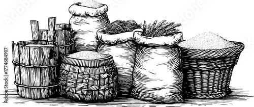 Rustic composition of wicker baskets and cloth sacks filled with grain and goods for vintage design