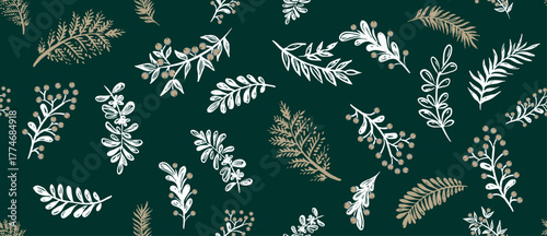 Branch pattern on green, hand drawn.	
