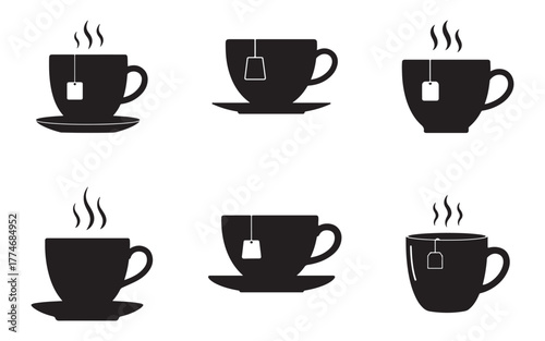 Tea Time Black and White Silhouette Vector Graphic with Cups and Steam Delicious Beverage