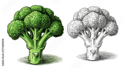 Vector illustration of broccoli head in color and sketch