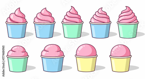 Vector illustration of collection of ice cream cups with pink swirl isolated on white