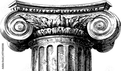 Elegant corinthian column capital with acanthus leaves in vintage engraving style for classical design