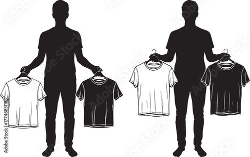 Two men holding t shirts in silhouette