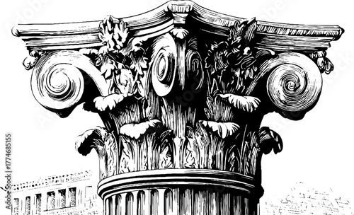 Engraved corinthian column capital with acanthus leaves design for vintage architecture