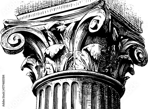 Engraved corinthian column capital with acanthus leaves design
