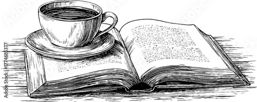 Vintage engraved arrangement of open book and coffee cup for decorative design