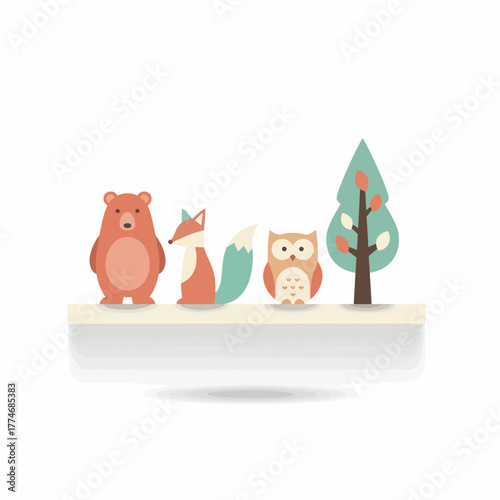 Cute Woodland Animals Standing Beside a Simple Tree