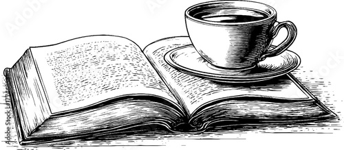 Vintage decorative arrangement of open book and coffee cup for retro design