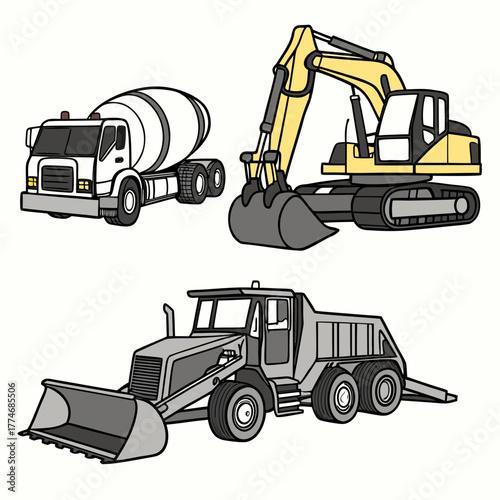 Construction vehicles including Double Drum, tractor, excavator, bulldozer, quarry backhoe, and heavy machinery, isometric style, isolated cartoon vector.