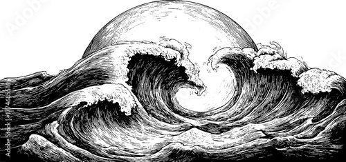 Vintage engraved illustration of circular ocean waves and clouds in retro style