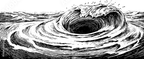 Vintage ocean whirlpool with circular waves - engraved decorative background for design