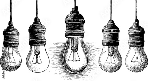 Vintage engraved composition of hanging light bulbs and sun for retro decor design