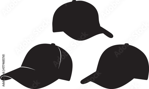Three baseball caps arranged in a triangle silhouette